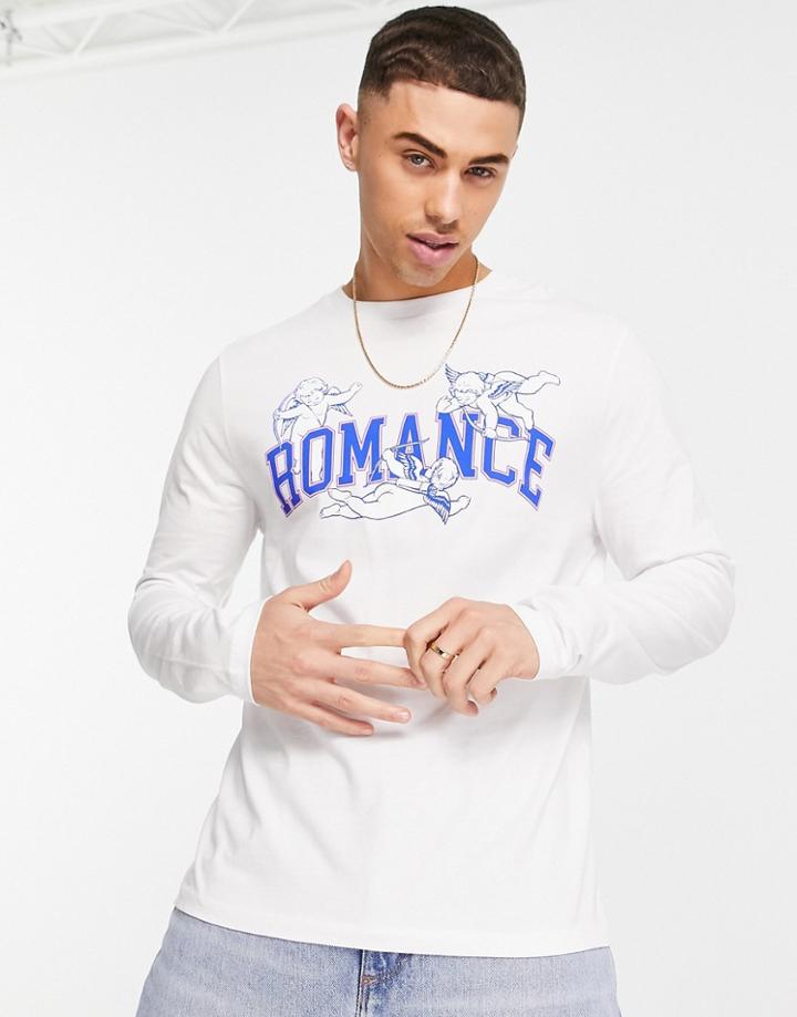 Asos Design Long Sleeve T-shirt In White With Cherub & Text Front Print