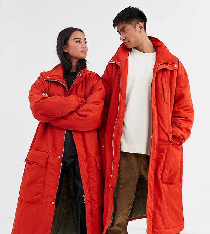 Reclaimed Vintage Unisex Long Puffer Jacket-orange