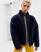 Asos Design Puffer Jacket With Bonded Borg In Navy