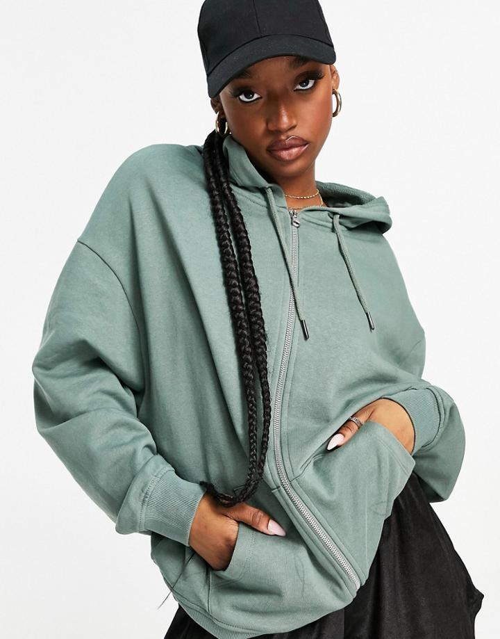 Asos Design Organic Cotton Super Oversized Zip Through Hoodie In Olive Green - Part Of A Set