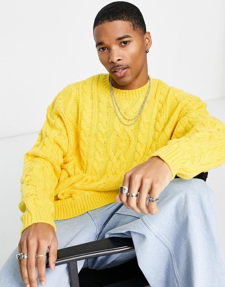 Asos Design Oversized Heavyweight Cable Knit Sweater In Yellow