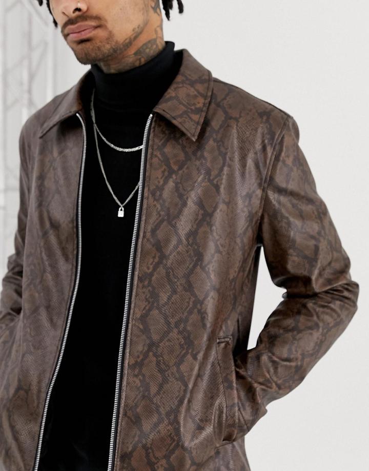 Asos Design Zip Through Jacket In Snakeskin-tan