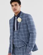 Asos Design Wedding Super Skinny Suit Jacket In Blue Wool Blend Check - Blue