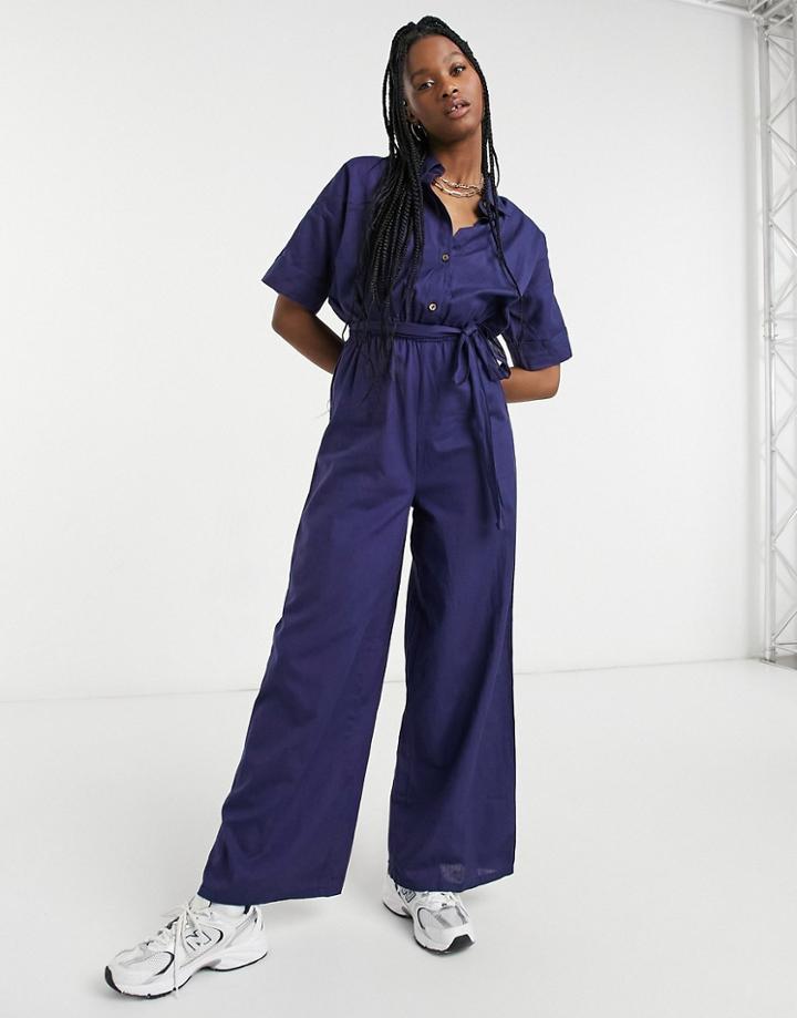 Esmee Exclusive Button Down Beach Jumpsuit In Navy