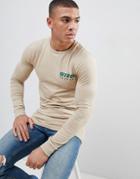 Asos Design Muscle Long Sleeve T-shirt With Chest Print - Beige
