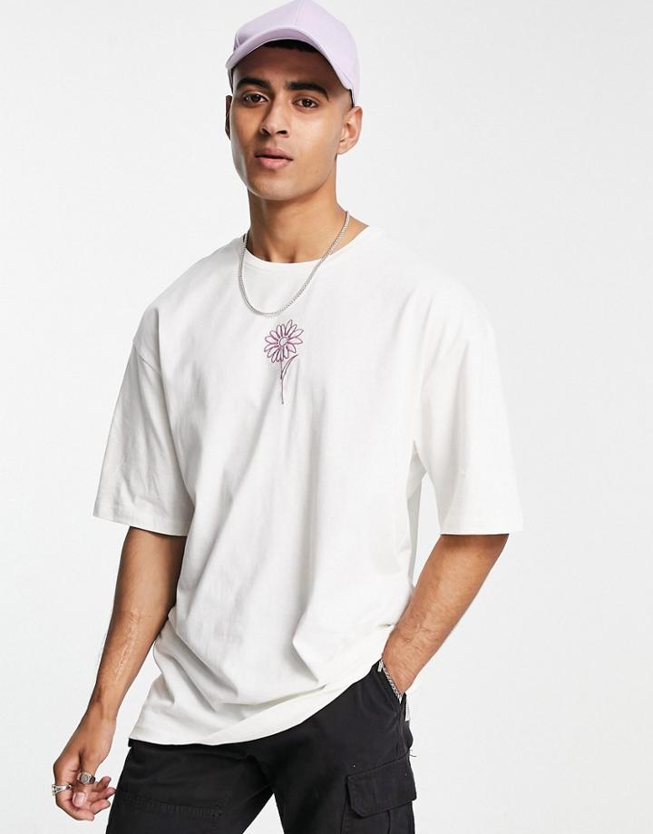Jack & Jones Originals Oversized T-shirt With Flower Embroidery In Off-white