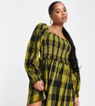Topshop Petite Shirring Seersucker Plaid Puff Sleeve Mini Dress In Green