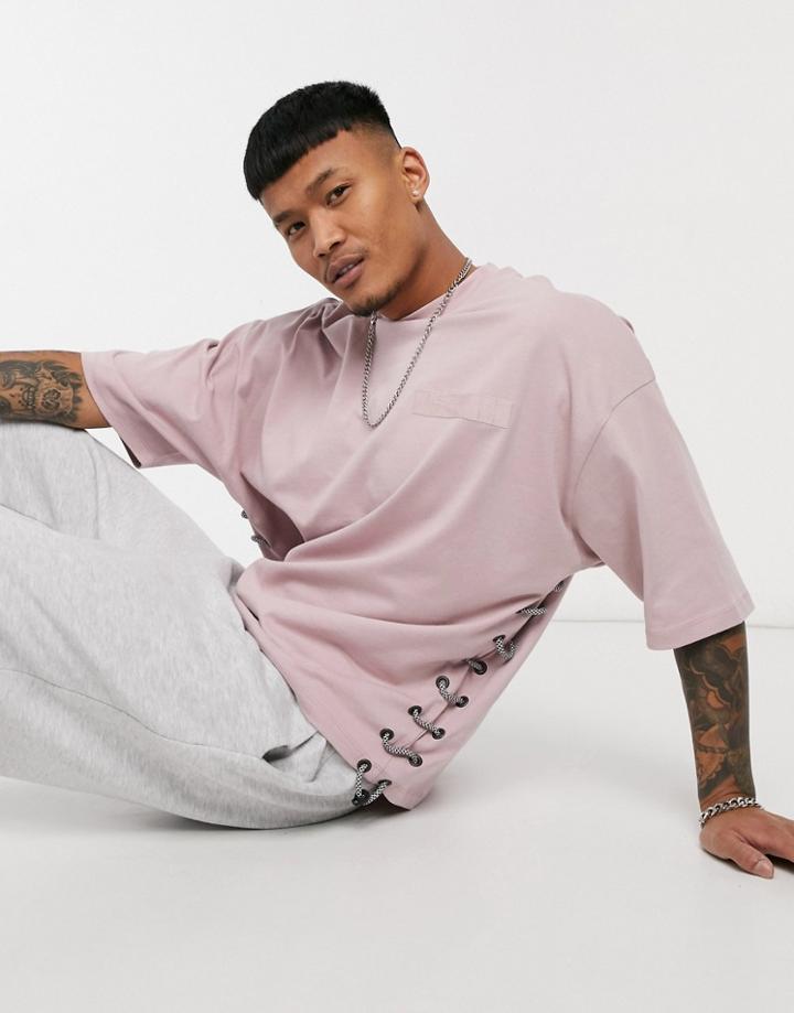 Asos Design Oversized T-shirt With Half Sleeves And Bungee Detail-pink