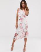 Lipsy One Shoulder Printed Lace Midi Dress With Flippy Hem In Floral Print-multi