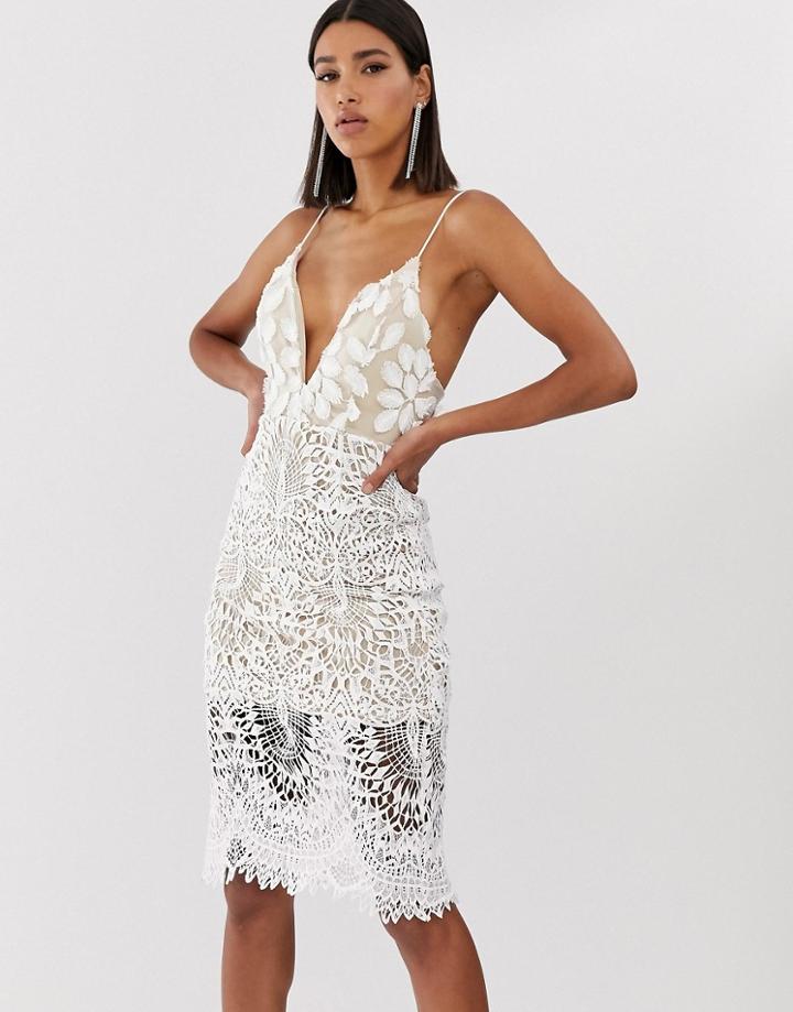 Love Triangle Plunge Front 3d Applique Cami Midi Dress In White