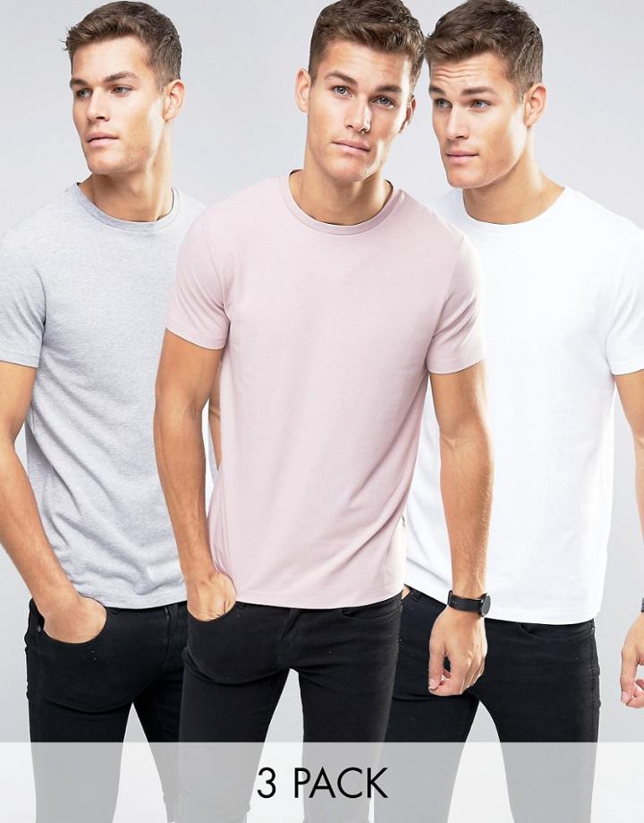 Asos 3 Pack Muscle T-shirt In White/gray Marl/pink - Multi