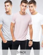 Asos 3 Pack Muscle T-shirt In White/gray Marl/pink - Multi