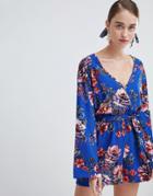 New Look Flare Sleeve Floral Romper - Blue