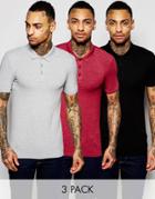 Asos Extreme Muscle Jersey Polo 3 Pack Black/ Burgundy/ Gray Marl Save 15% - Multi