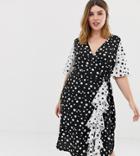 Influence Plus Frill Skirt Detail Midi Dress In Mix And Match Polka Dot Print - Black
