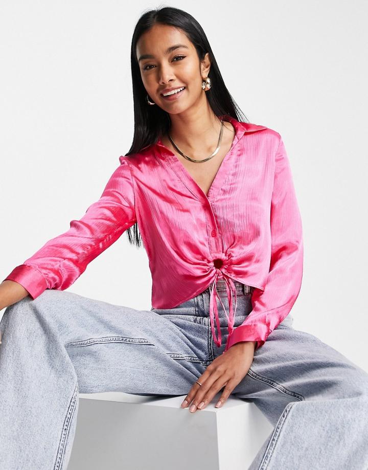 River Island Ring Front Crop Satin Shirt In Bright Pink