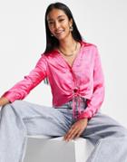 River Island Ring Front Crop Satin Shirt In Bright Pink