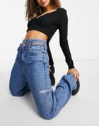 Pull & Bear 90s Straight Leg Jeans With Cu-out Waist Detail In Blue-blues