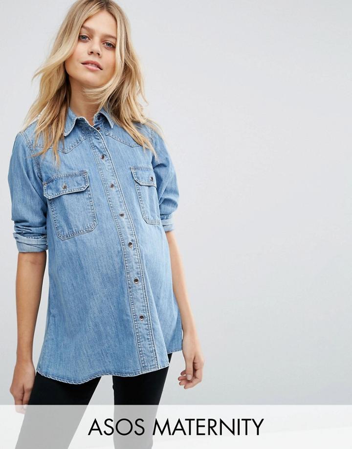 Asos Maternity Boyfriend Shirt In Anouki Wash - Blue