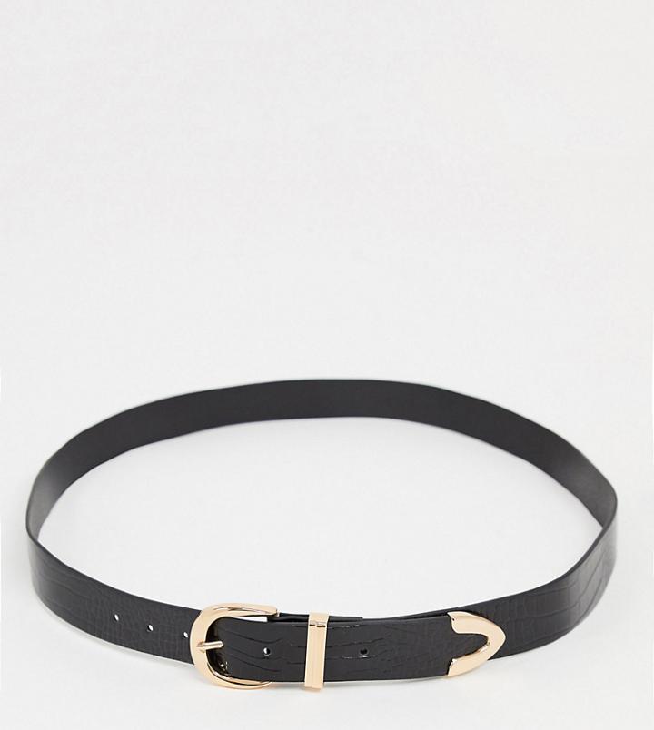 Glamorous Curve Belt In Black Croc With Gold Tip