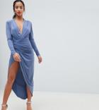 John Zack Petite Wrap Front Maxi Dress - Blue