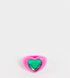 Asos Design Curve Ring In Heart Shape With Emerald Green Jewel In Hot Pink Plastic