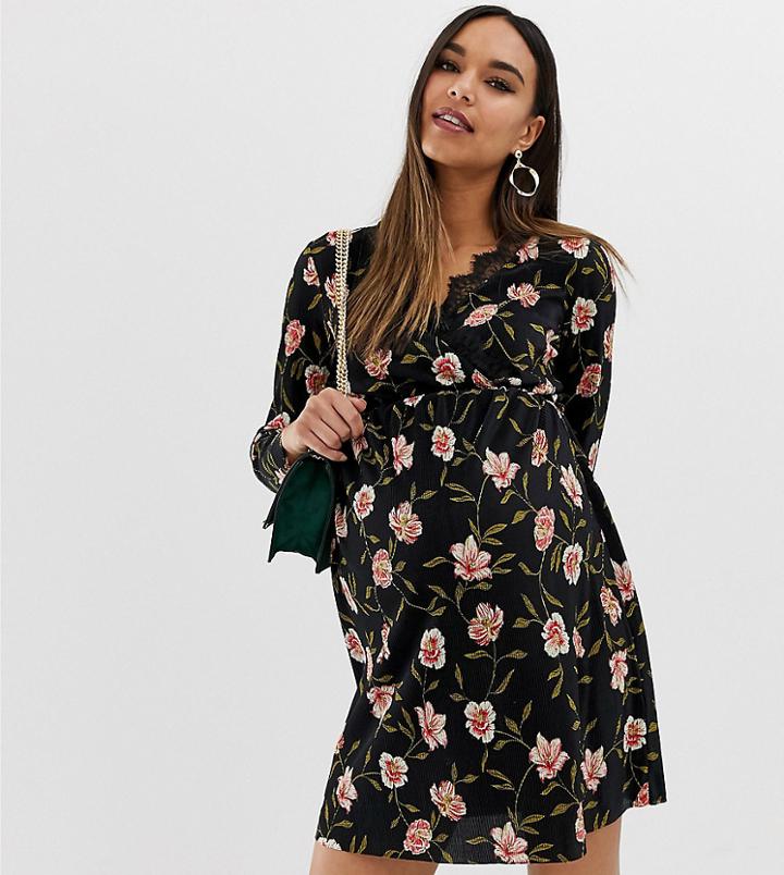 Asos Design Maternity Mini Plisse Wrap Dress With Lace Trim In Floral Print-multi