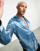 Asos Design High Shine Satin Shirt In Blue-copper