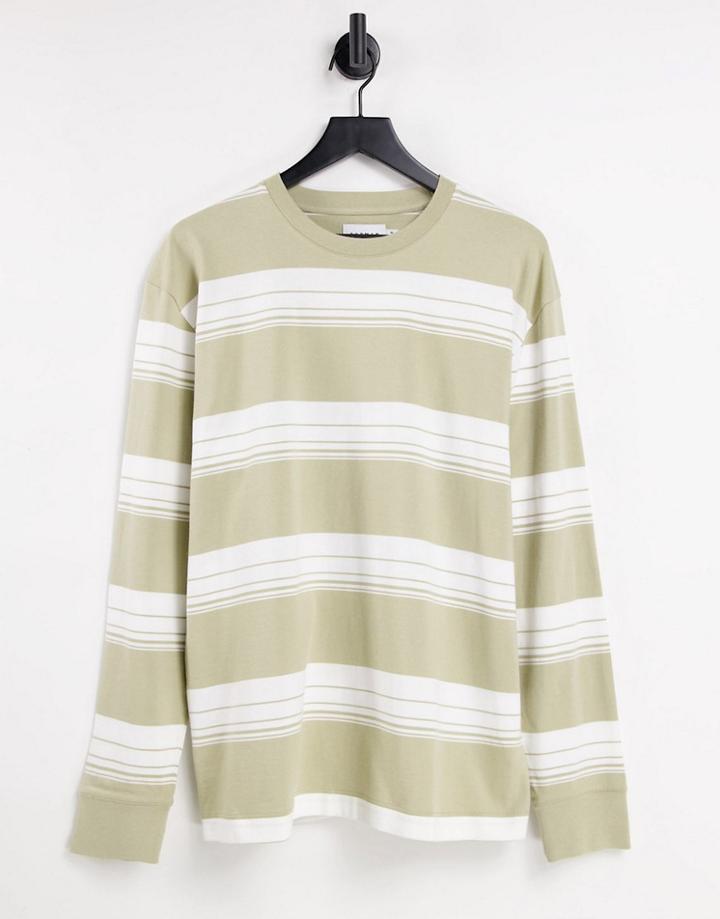 Topman Long Sleeve Oversized Fit T-shirt With Horizontal Stripe In Stone-neutral
