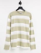 Topman Long Sleeve Oversized Fit T-shirt With Horizontal Stripe In Stone-neutral