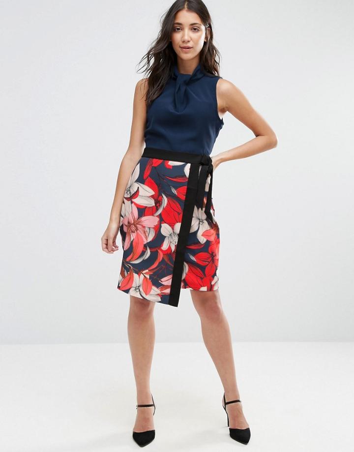 Closet Floral Contrast Waist Band Wrap Skirt Dress - Multi