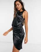Asos Design Satin Draped Mini Dress With Open Back-black