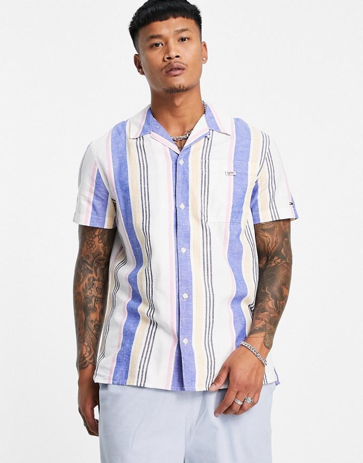 Tommy Jeans Short Sleeve Stripe Camp Shirt In Nightfall Navy