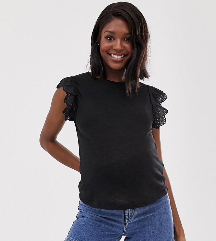 New Look Maternity Broderie Edge Tee In Black