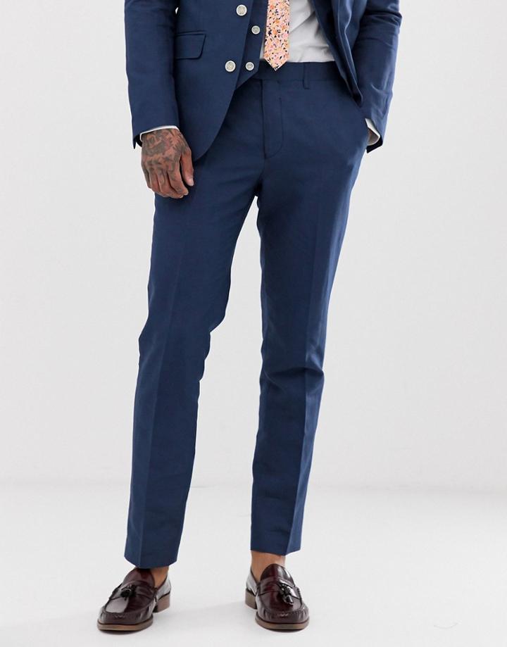 Gianni Feraud Wedding Slim Fit Linen Plain Pants-navy