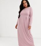 Verona Curve Long Sleeve Jersey Maxi Dress With Pleat In Dusty Rose-pink