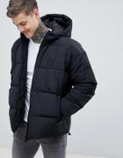 Asos Design Puffer With Hood In Black - Black