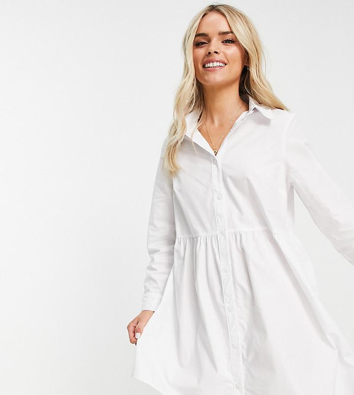 Asos Design Petite Cotton Mini Smock Shirt Dress In White