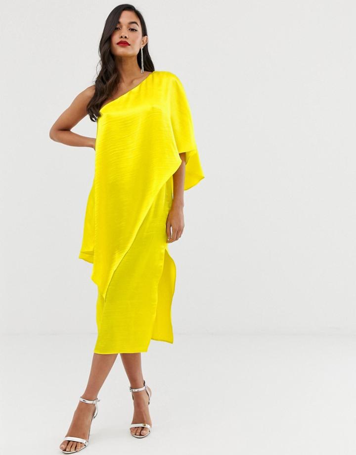 Asos Design Satin One Shoulder Midi Dress With Double Layer - Yellow