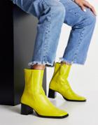 Asos Design Roberta Premium Leather Square Toe Boots In Lime-green