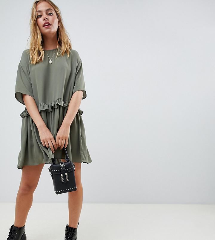 Asos Design Petite Mini Smock Dress With Frill Waist-green