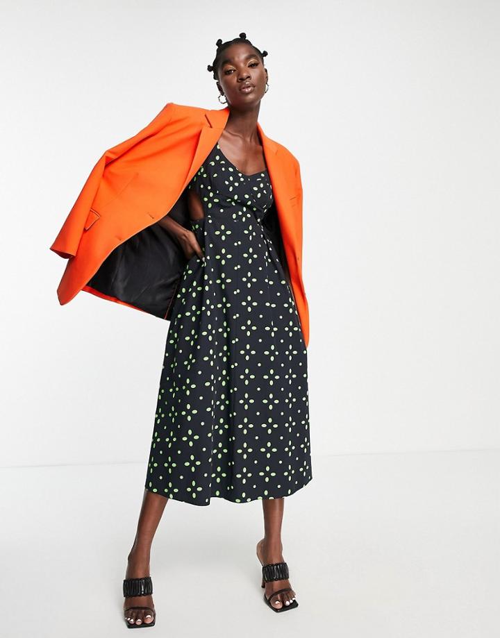 Topshop Cut Out Spot Pinny Dress In Green And Black-multi