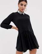 Asos Design Mini Smock Dress With Leopard Collar-black