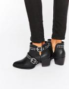 Truffle Collection Stud Strap Point Mid Heeled Ankle Boots - Black Pu