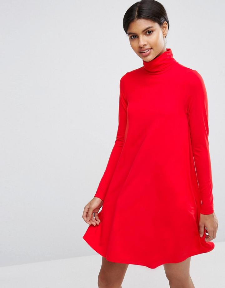 Asos Swing Dress With Turtleneck & Long Sleeves - Red