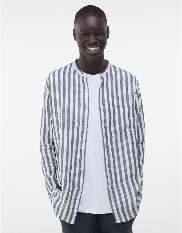 Bershka Linen Stripe Shirt With Grandad Collar In White