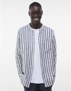 Bershka Linen Stripe Shirt With Grandad Collar In White