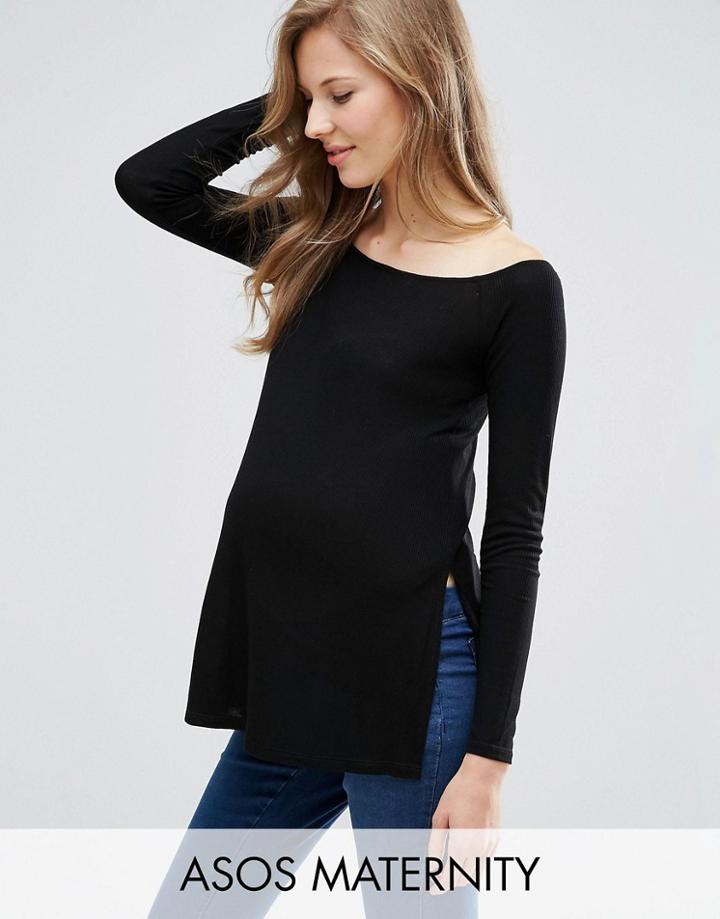 Asos Maternity Off Shoulder Slouchy Top With Splits - Black