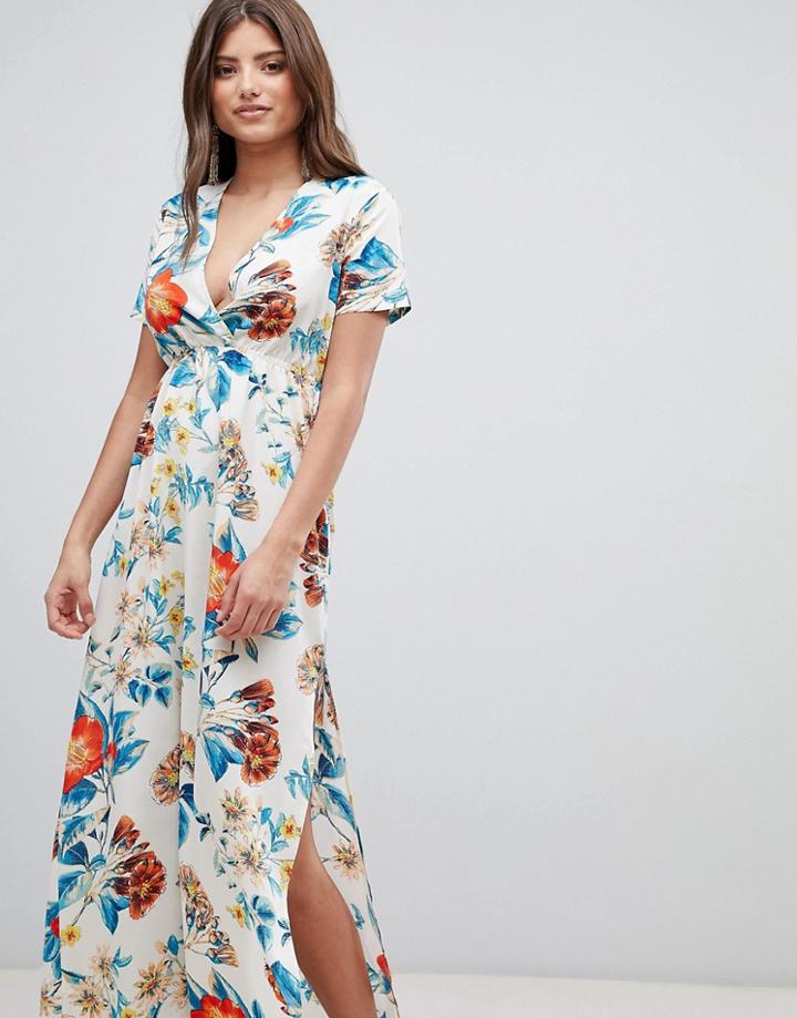 Prettylittlething V Neck Floral Maxi Dress - White