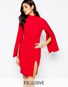 Vesper Roll Neck Pencil Midi Dress With Cape Sleeve - Red